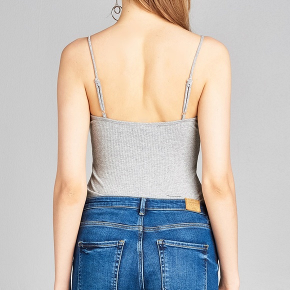 [NEW] Heathered Gray Ribbed Straight Neck Bodysuit - Picture 4 of 5